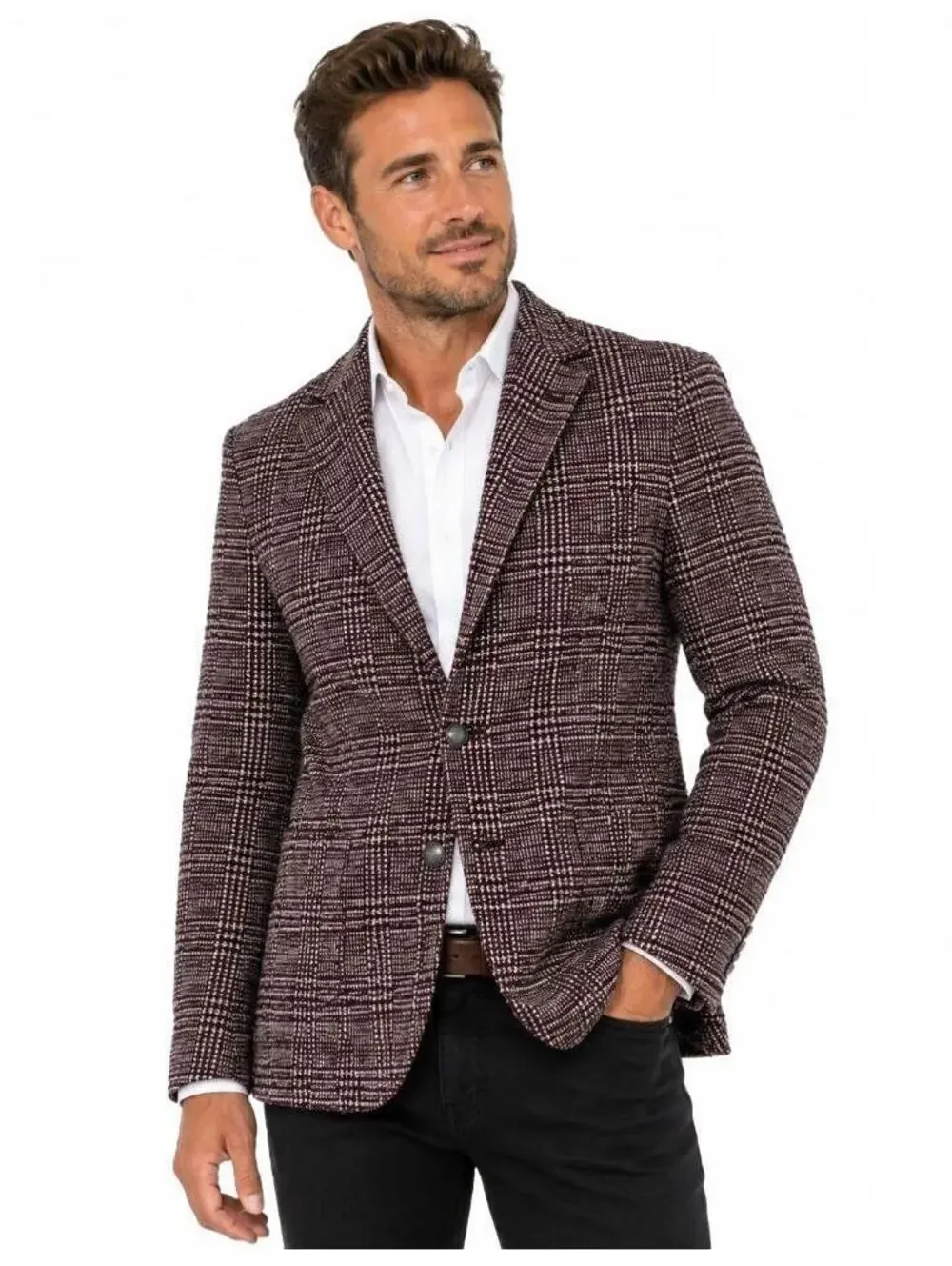Eleventy Textured Plaid Blazer Prince of Wales Unlined size 50R Burgundy Maroon